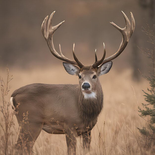 een hert met hoorns staat in een veld