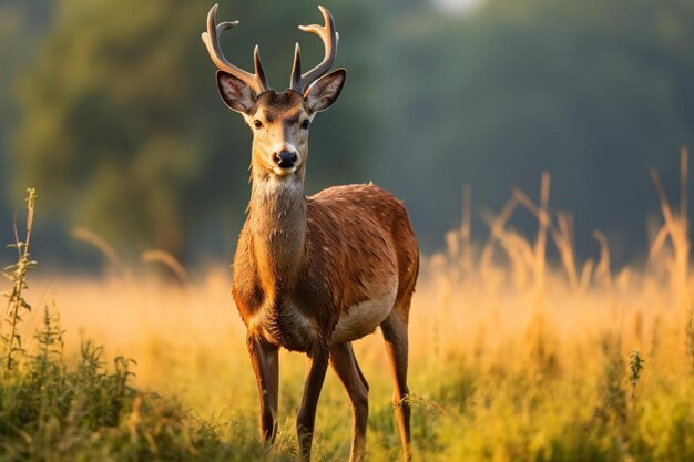 een hert staat in een veld met de zon erachter