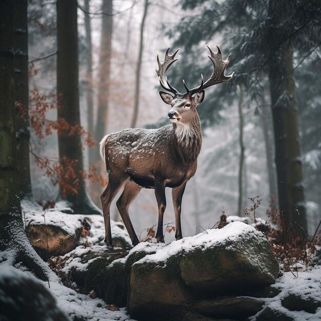 Een hert staat op een rots in het bos.