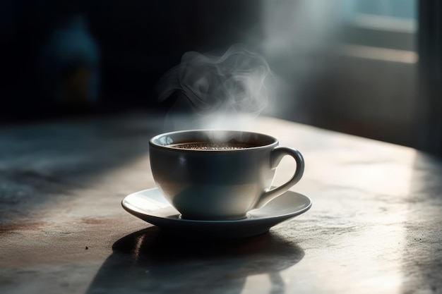 Een hete zwarte koffie in een kopje op een houten tafel in de ochtend zorgt voor