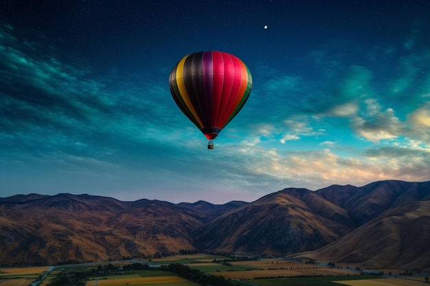 Een heteluchtballon vliegt over een bergketen.