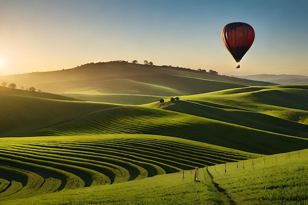 Een heteluchtballon vliegt over een groen veld met daarachter de ondergaande zon.