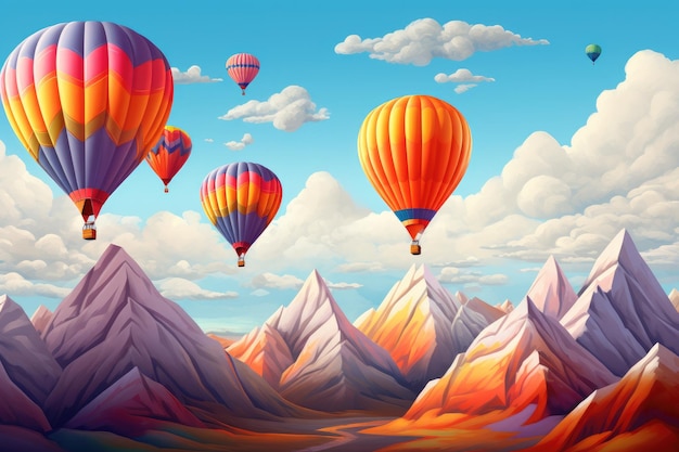 Een heteluchtballon vliegt over mistige en bewolkte bergen hoog in de lucht Generative Ai