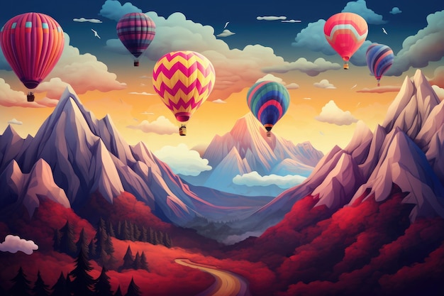Een heteluchtballon vliegt over mistige en bewolkte bergen hoog in de lucht Generative Ai