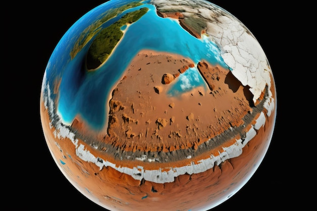 Een high-definition bolvormig, rechthoekig beeld van de omringende omgeving van Mars