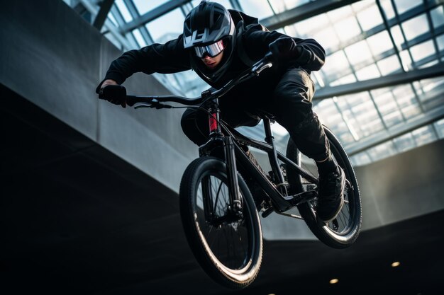 Een highangle dynamische opname van een extreme sportliefhebber die een gedurfde stunt uitvoert zoals bmx tricks die de adrenaline rush van het moment vastleggen Generative Ai