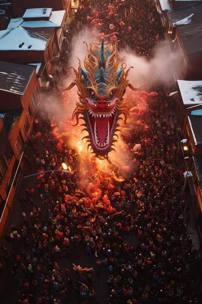 Foto een highangle opname van een grote chinese draak processie