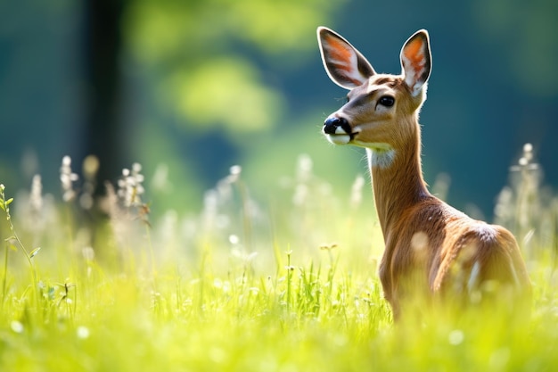 Een hinde graast op groen gras in een weiland