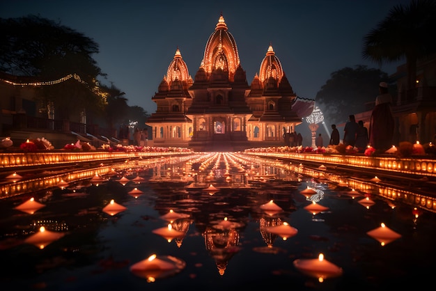 Een hindoetempel met prachtige lichten en water gegenereerd door Ai