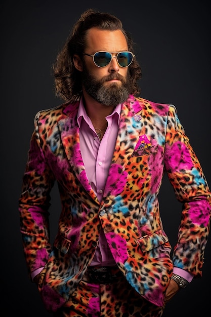 Een hipster met een kleurrijk leopardprint pak.
