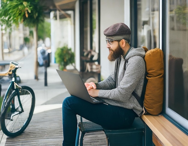 Een hipsterstyle-bebaarde man die werkt als online freelancer. Hij zit in een gezellig koffietentje