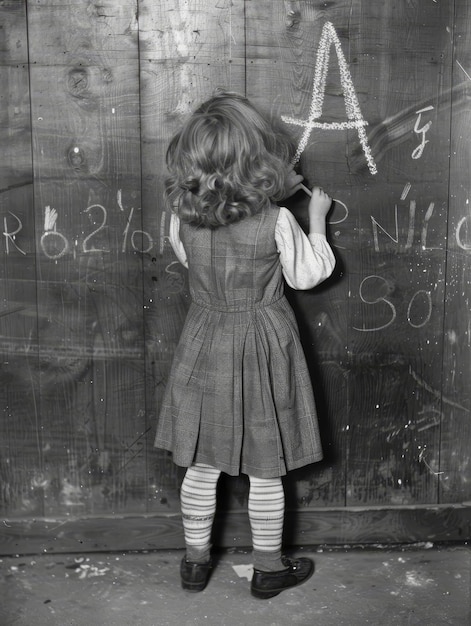 Een historische zwart-witfoto van een kind dat het alfabet op een zwart bord schrijft weerspiegelt het tijdloze karakter van het vroege onderwijs