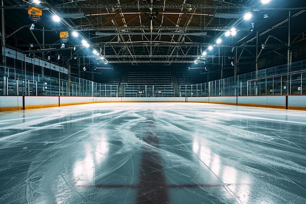 een hockeybaan met een kruis geschilderd op het ijs