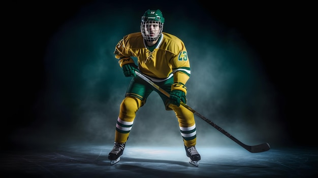 Een hockeyspeler met een groen-gele trui met het nummer 23 erop.