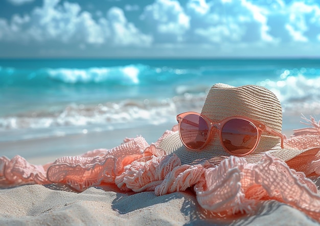 een hoed en zonnebril zijn op het strand en de oceaan is een strand