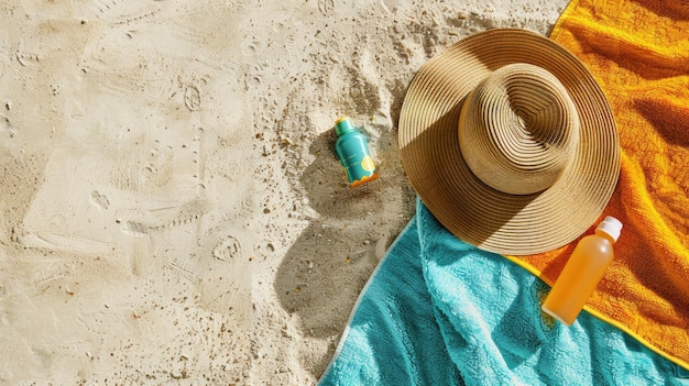Een hoed met zonnebrandcrème en een handdoek lagen op het strand bij een houten muziekinstrument.