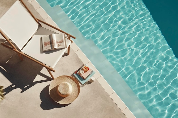 Een hoed rust naast een zwembad zomervakantie achtergrond Ai gegenereerd