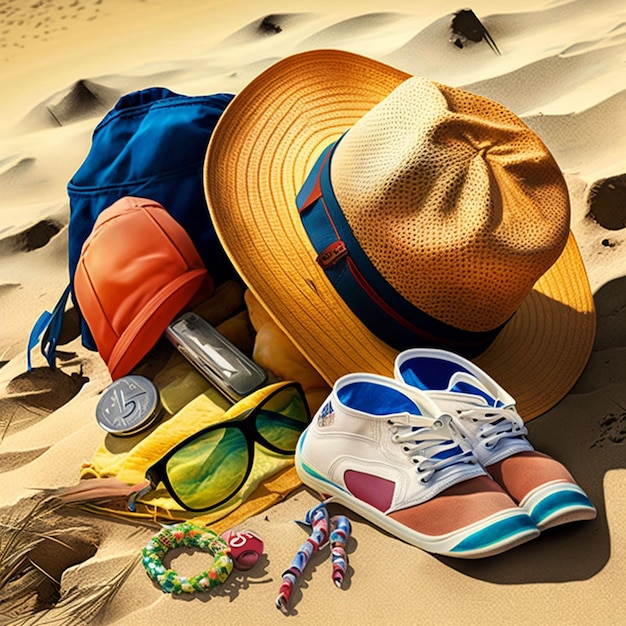 Een hoed, zonnebril en een hoed liggen op het zand.