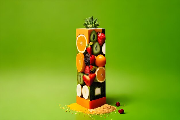 Foto een hoge toren gemaakt van fruit en groenten de dieline print reclame wolff olins