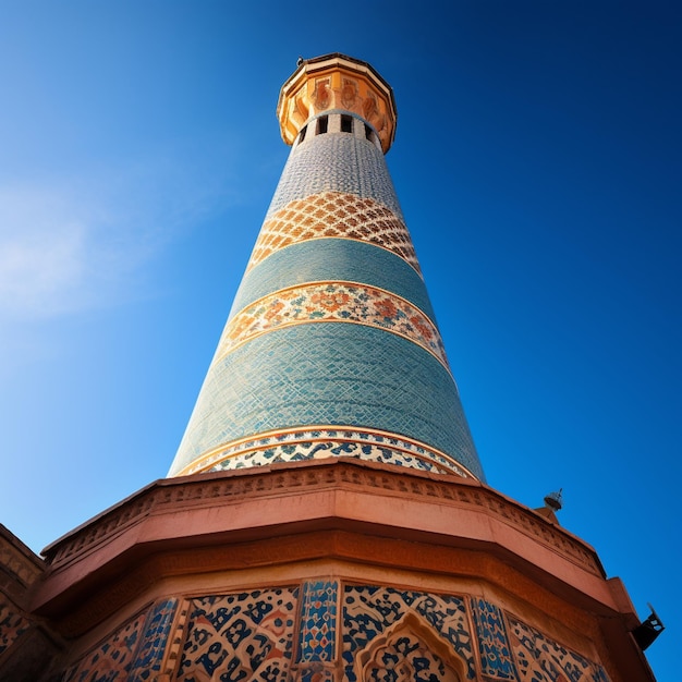 Een hoge toren met een blauwe lucht op de achtergrond