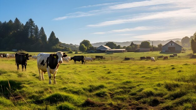 Een holistische weergave van een gemengde weide met koeien, schapen en kippen