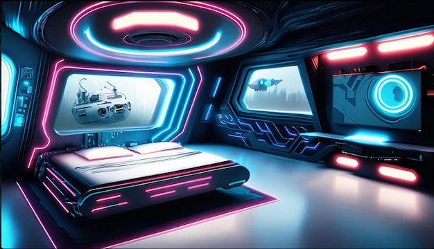 Een holografisch slim modern hightech scifi cyberpunk futuristisch slaapkamerinterieur 3D-huisdecor