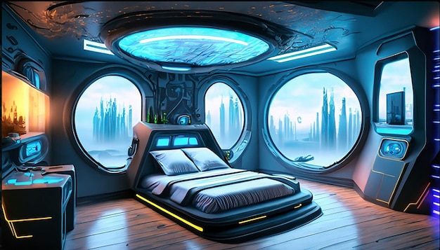 Een holografisch slim modern hightech scifi cyberpunk futuristisch slaapkamerinterieur 3D-huisdecor