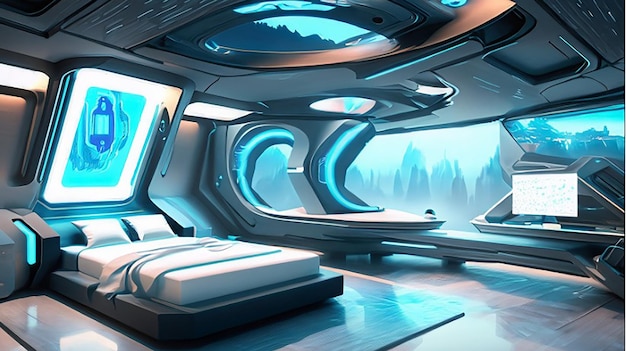 Een holografisch slim modern hightech scifi cyberpunk futuristisch slaapkamerinterieur 3D-huisdecor