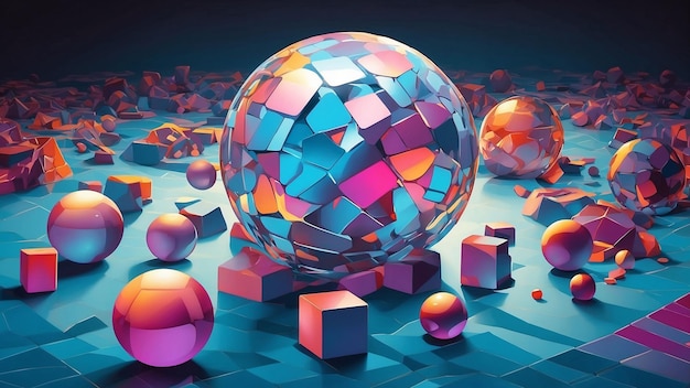 Een holografische aanraking die het samenspel tussen kubussen en bollen versterkt en levendig maakt.