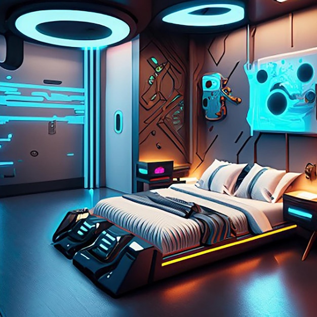 Een holografische slimme moderne hightech scifi cyberpunk futuristische slaapkamer interieur 3D huis decoratie