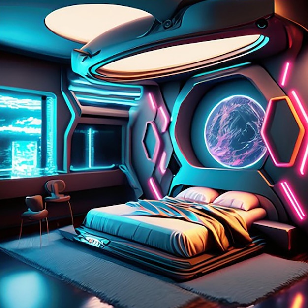 Een holografische slimme moderne hightech scifi cyberpunk futuristische slaapkamer interieur 3D huis decoratie