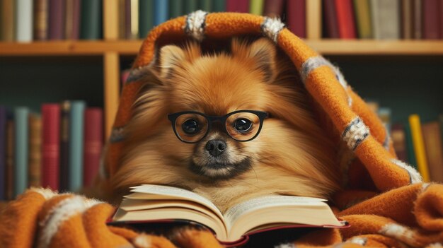 Foto een hond beschut in een deken met een boek serieuze hond met een bril generatieve ai