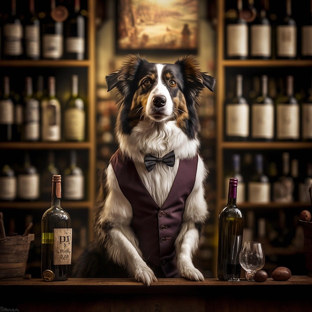 Een hond die aan een bar staat met flessen wijn achter zich.
