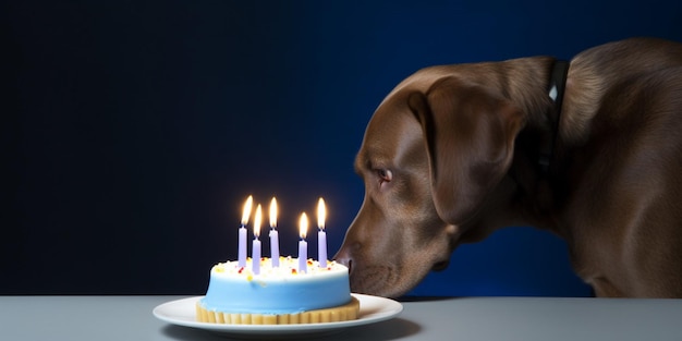 Een hond die aan een verjaardagstaart snuffelt met de kaarsjes erop