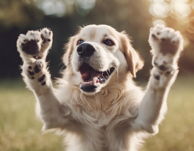 Foto een hond die beide handen opheft rauwe foto schattig hooray gelukkige hond