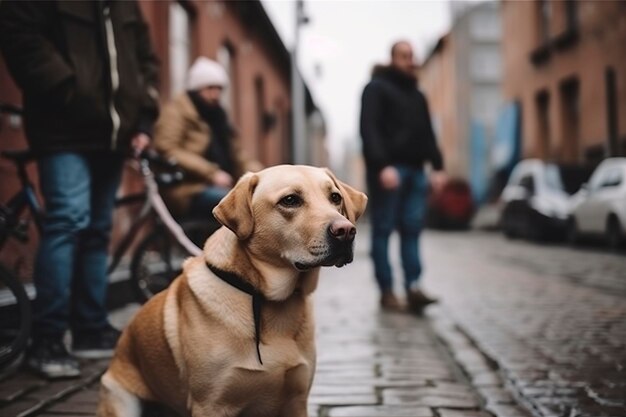 Foto een hond die door de stad loopt.