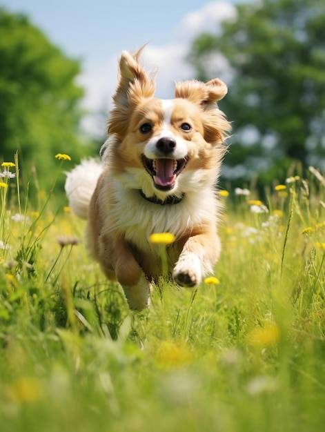 een hond die door een veld met hoog gras rent