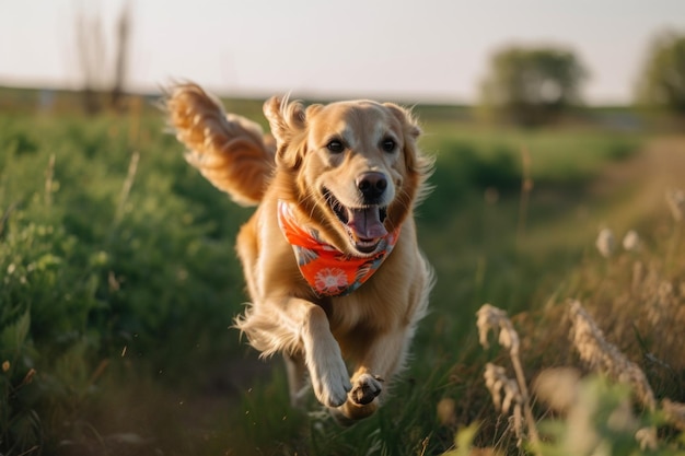 Een hond die door een veld rent met een bal in zijn bek Generatief AI-beeld