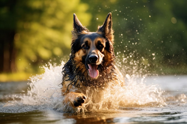 een hond die door een watermassa rent