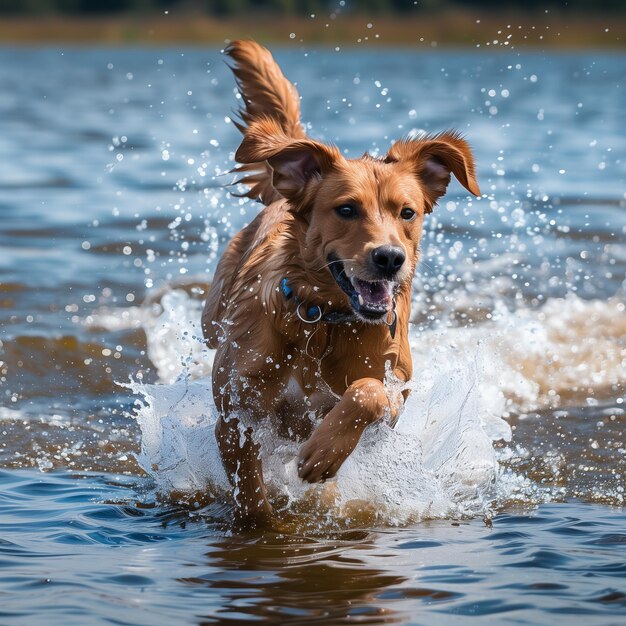 Foto een hond die door het water loopt in het water generatieve ai