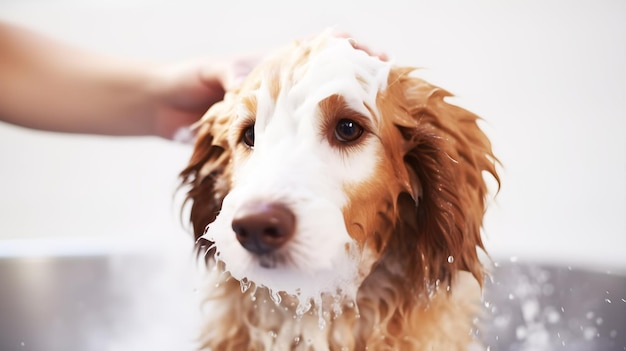 Een hond die een bad krijgt met veel zeep erop