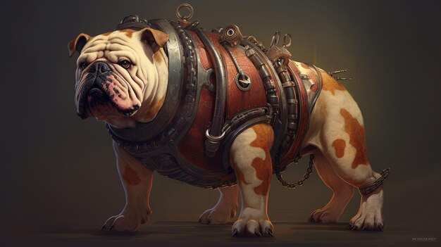 Een hond die een bulldog is met een leren halsband en een leren riem