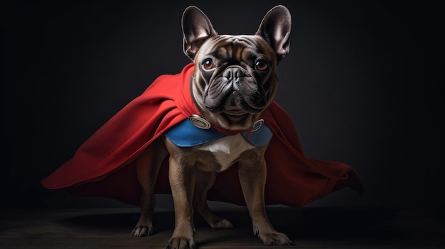 Een hond die een cape draagt met een rode cape en het woord super erop.