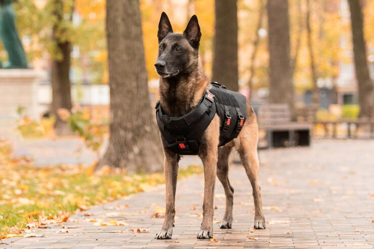 Een hond die een hesje draagt waar 'k9' op staat