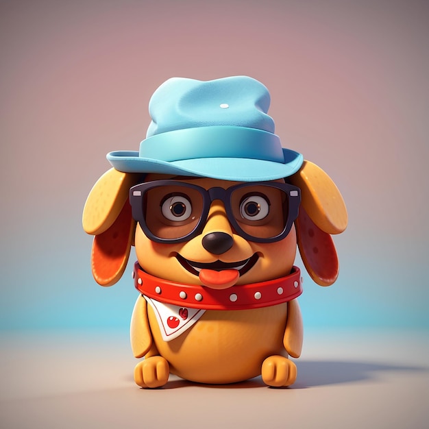 een hond die een hoed en een zonnebril draagt met een blauwe hoed erop