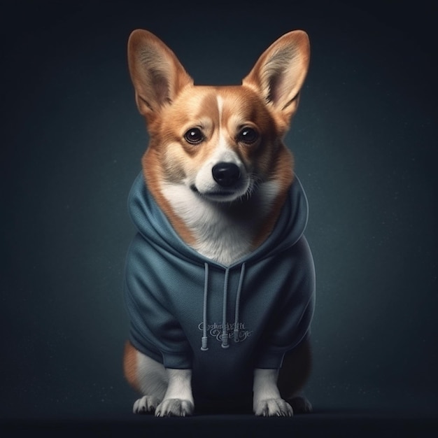 Een hond die een hoodie draagt met de tekst 'corgi' erop