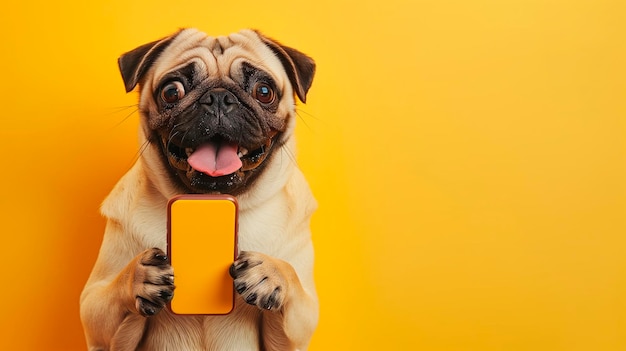 Foto een hond die een mobiele telefoon vasthoudt met zijn poten op een gewone gele achtergrond die een studiofoto simuleert