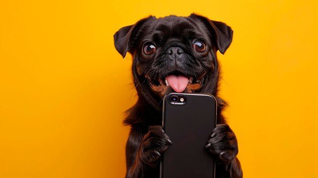 Foto een hond die een mobiele telefoon vasthoudt met zijn poten op een gewone gele achtergrond die een studiofoto simuleert