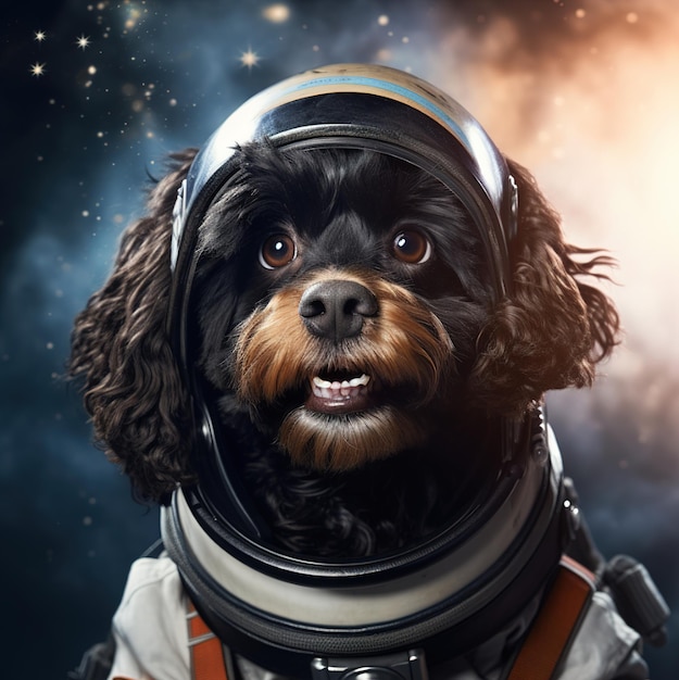 een hond die een ruimtepak en een helm draagt, draagt een helm.