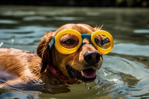 Een hond die een veiligheidsbril draagt in de generatieve AI van het water